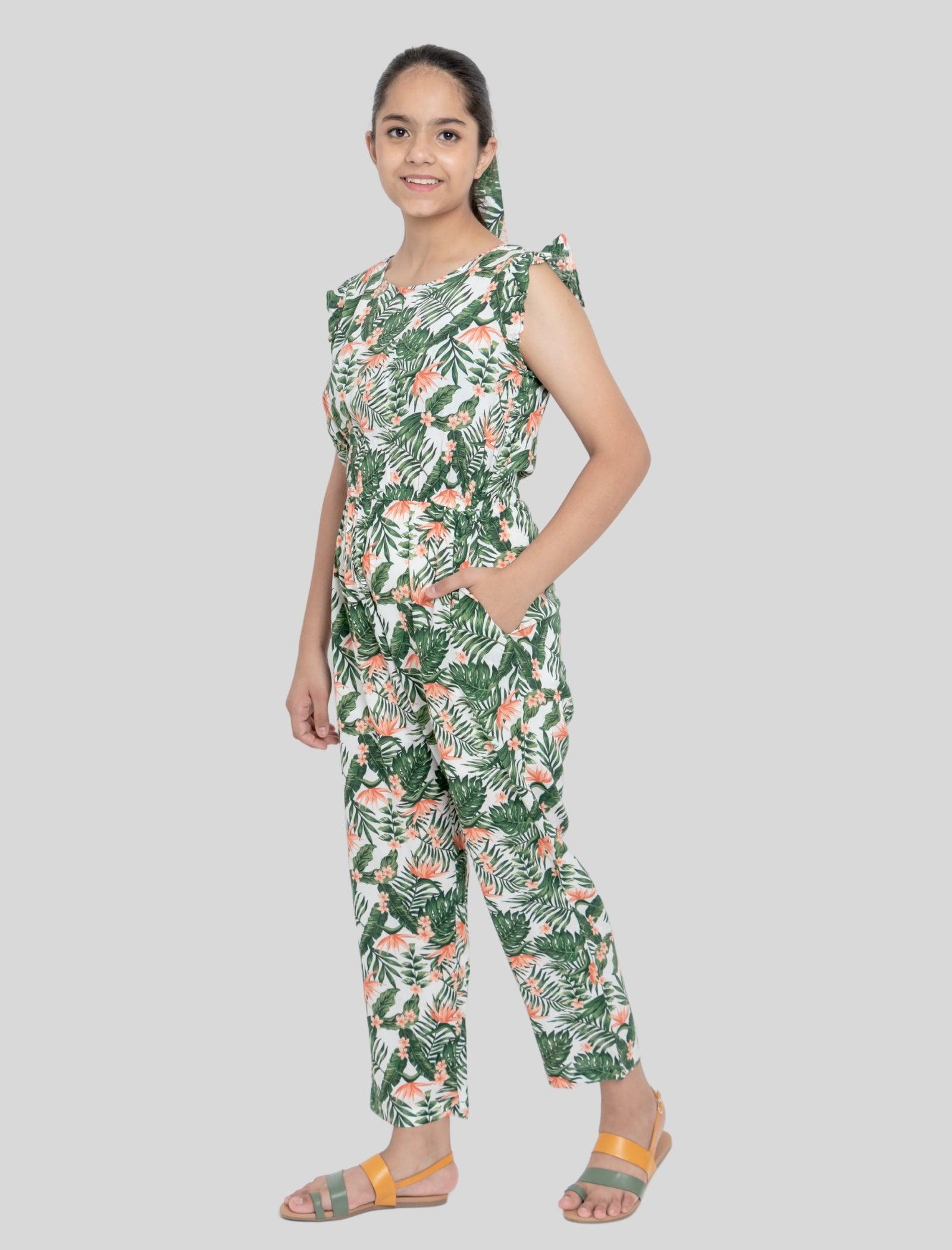 Tropical Floral Summer Jumpsuit for Kids Girls (Green) - Tweeny Mini