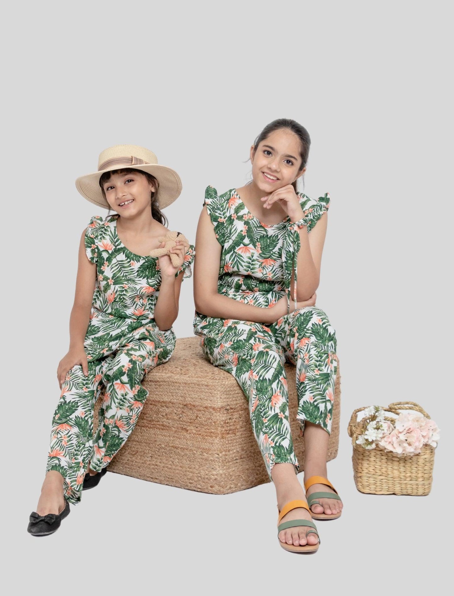 Tropical Floral Summer Jumpsuit for Kids Girls (Green) - Tweeny Mini