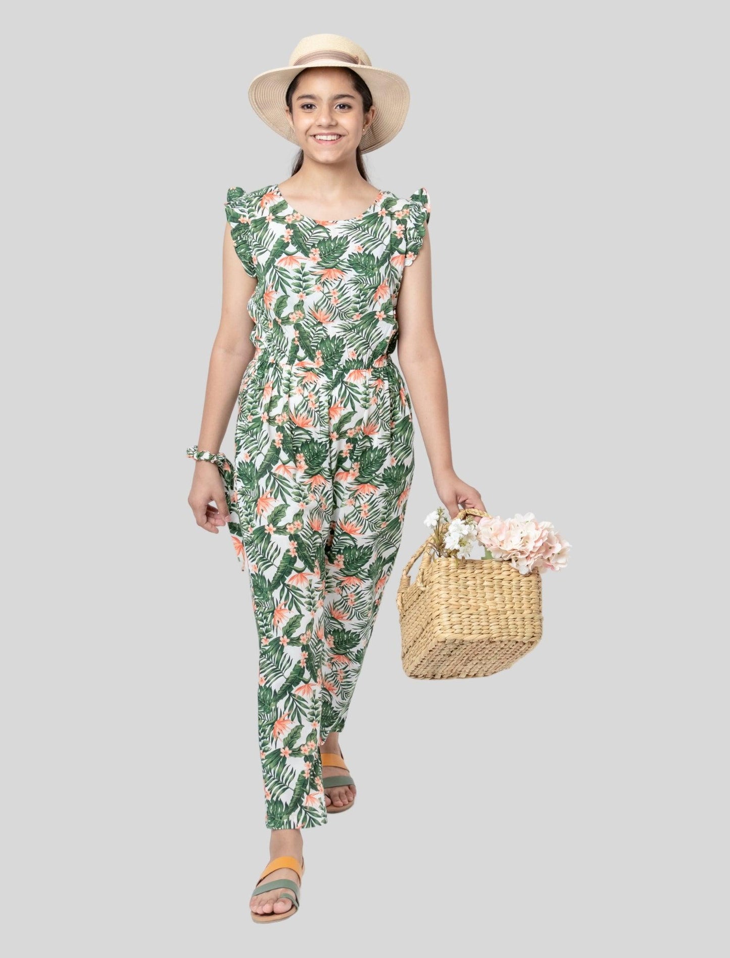 Tropical Floral Summer Jumpsuit for Kids Girls (Green) - Tweeny Mini