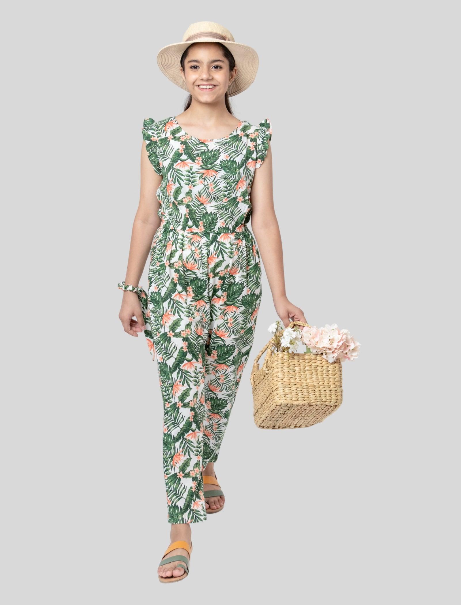 Tropical Floral Summer Jumpsuit for Kids Girls (Green) - Tweeny Mini