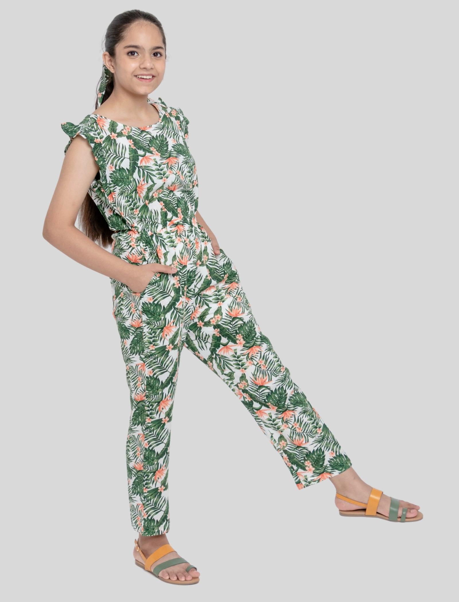 Tropical Floral Summer Jumpsuit for Kids Girls (Green) - Tweeny Mini