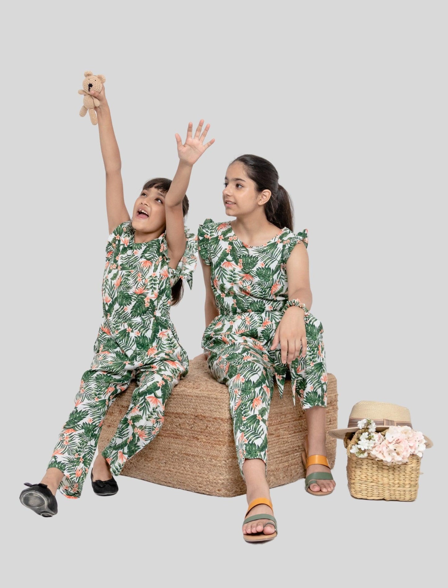 Tropical Floral Summer Jumpsuit for Kids Girls (Green) - Tweeny Mini