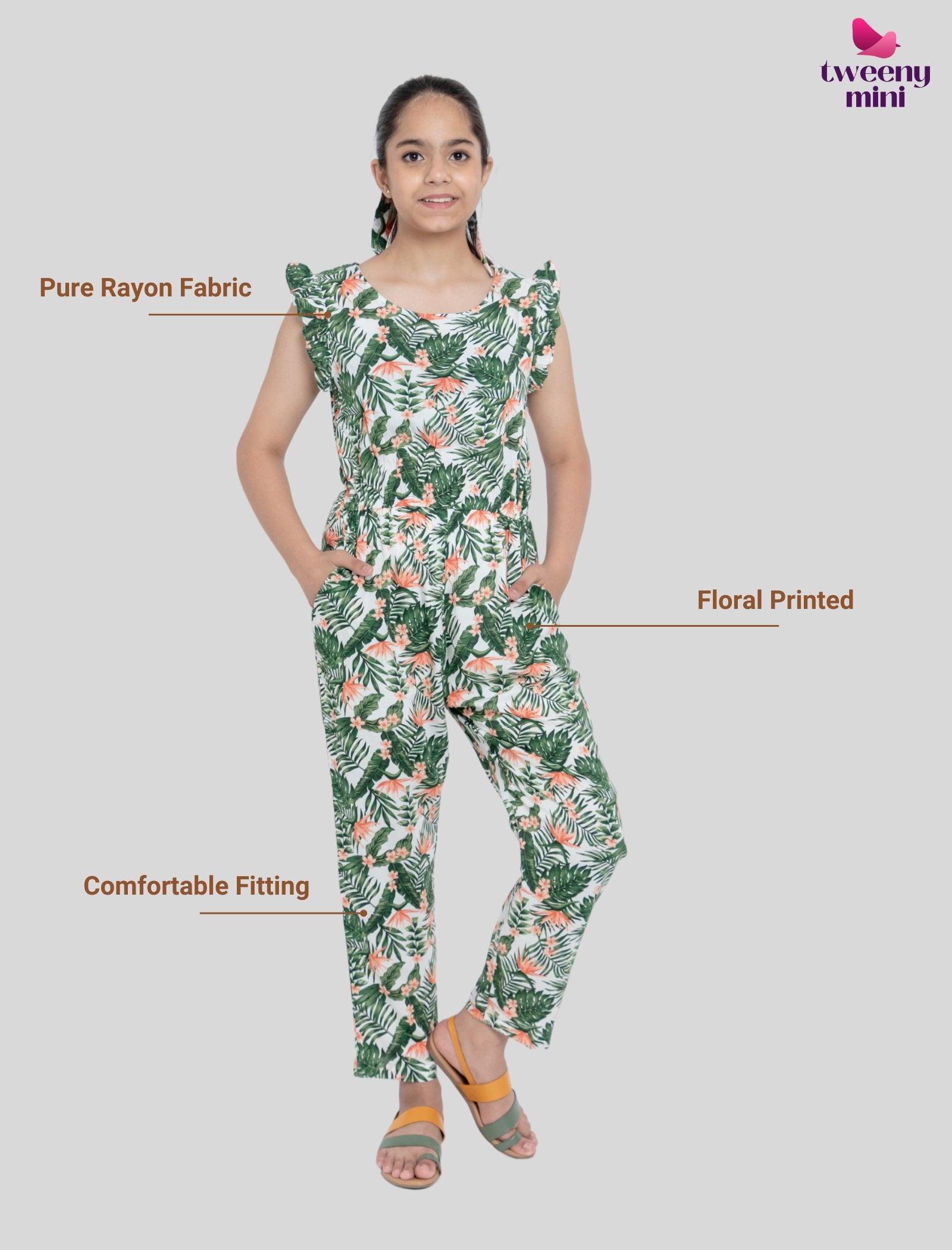 Tropical Floral Summer Jumpsuit for Kids Girls (Green) - Tweeny Mini