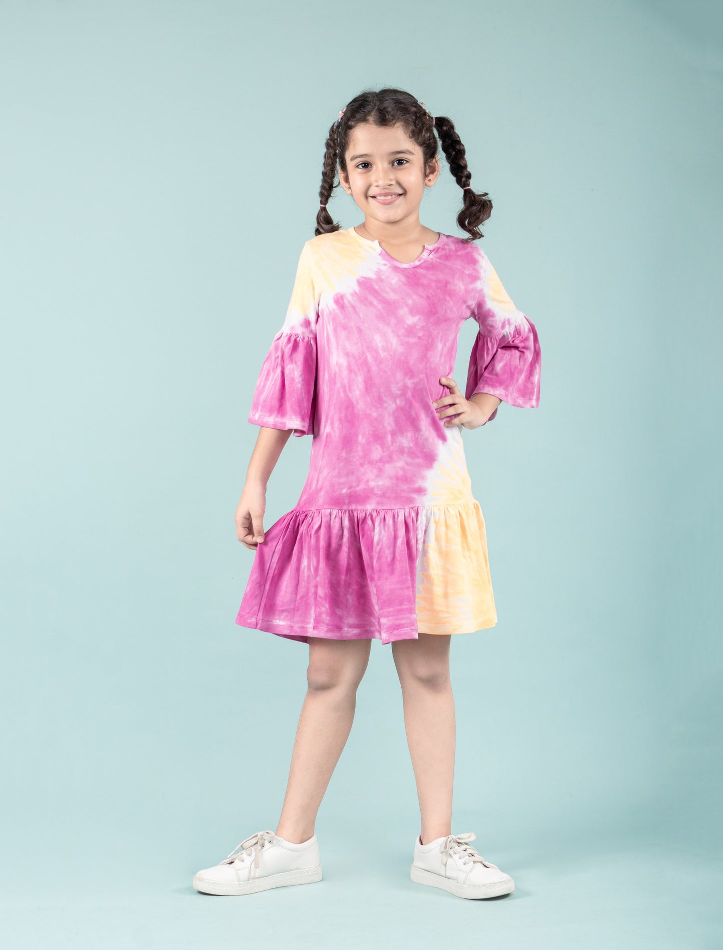 Long Sleeves Girls Kids Tie Dye Dress (Orange-Pink) - Tweeny Mini