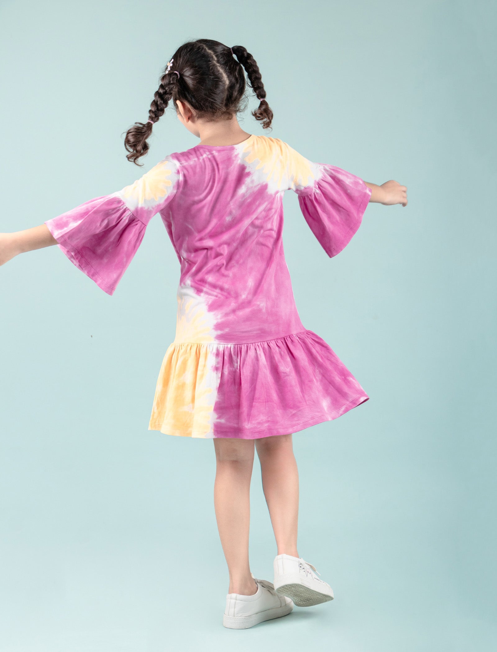 Long Sleeves Girls Kids Tie Dye Dress (Orange-Pink) - Tweeny Mini