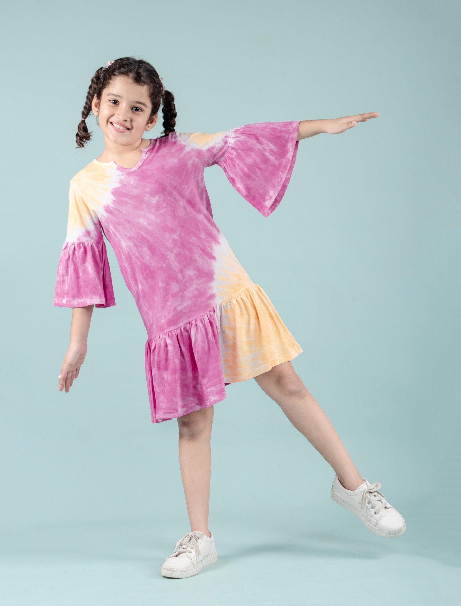 Long Sleeves Girls Kids Tie Dye Dress (Orange-Pink) - Tweeny Mini