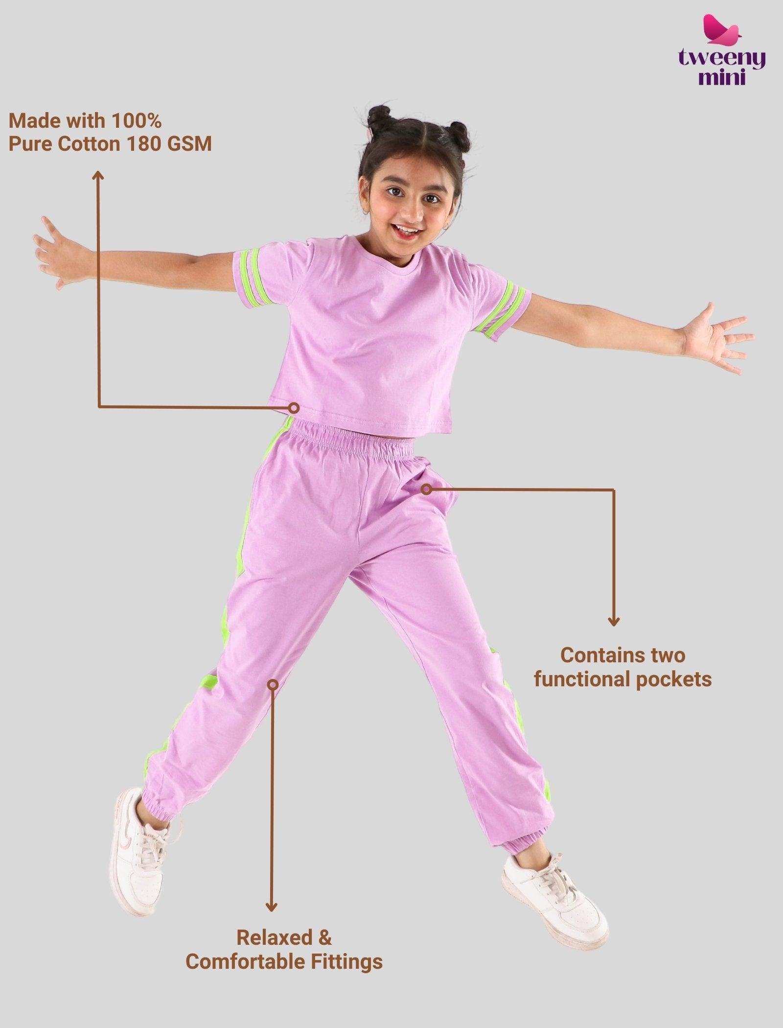 Summer Stylish Colour Block Kids Girls Joggers Set With Crop Top (Purple) - Tweeny Mini