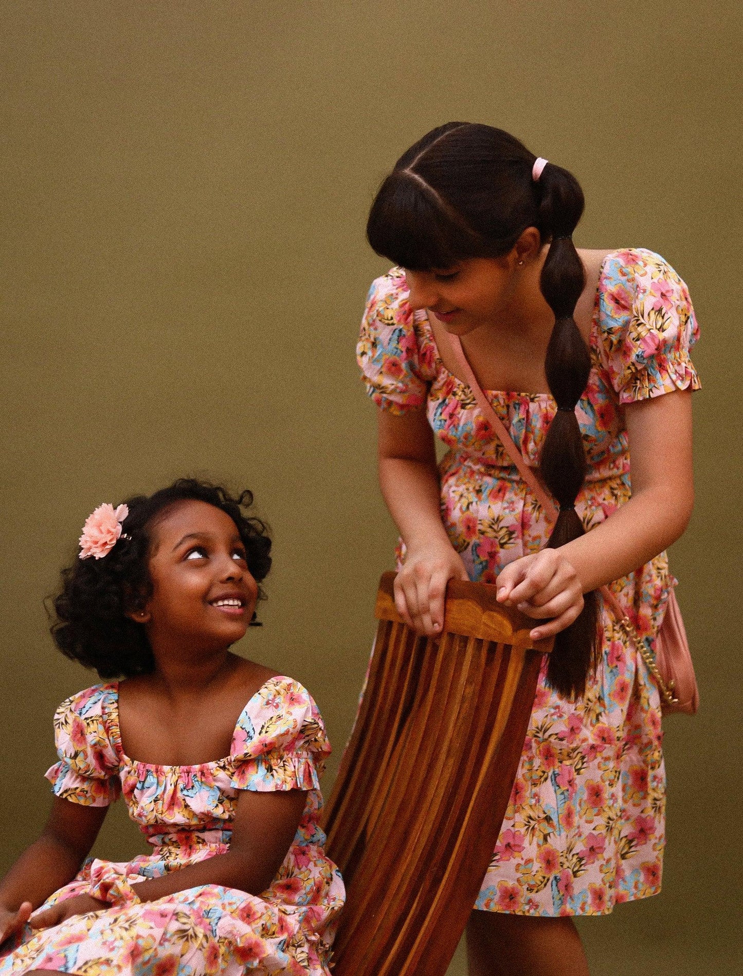 Classic Smocked Girls Kids Floral Dress with Puffed Sleeves (Peach) - Tweeny Mini