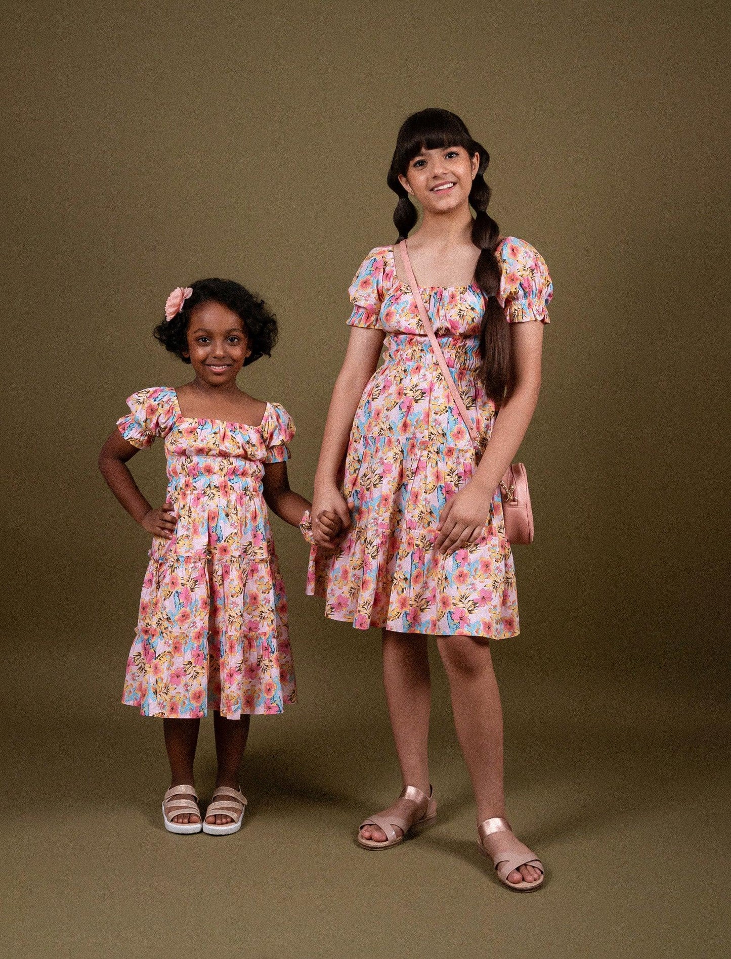 Classic Smocked Girls Kids Floral Dress with Puffed Sleeves (Peach) - Tweeny Mini