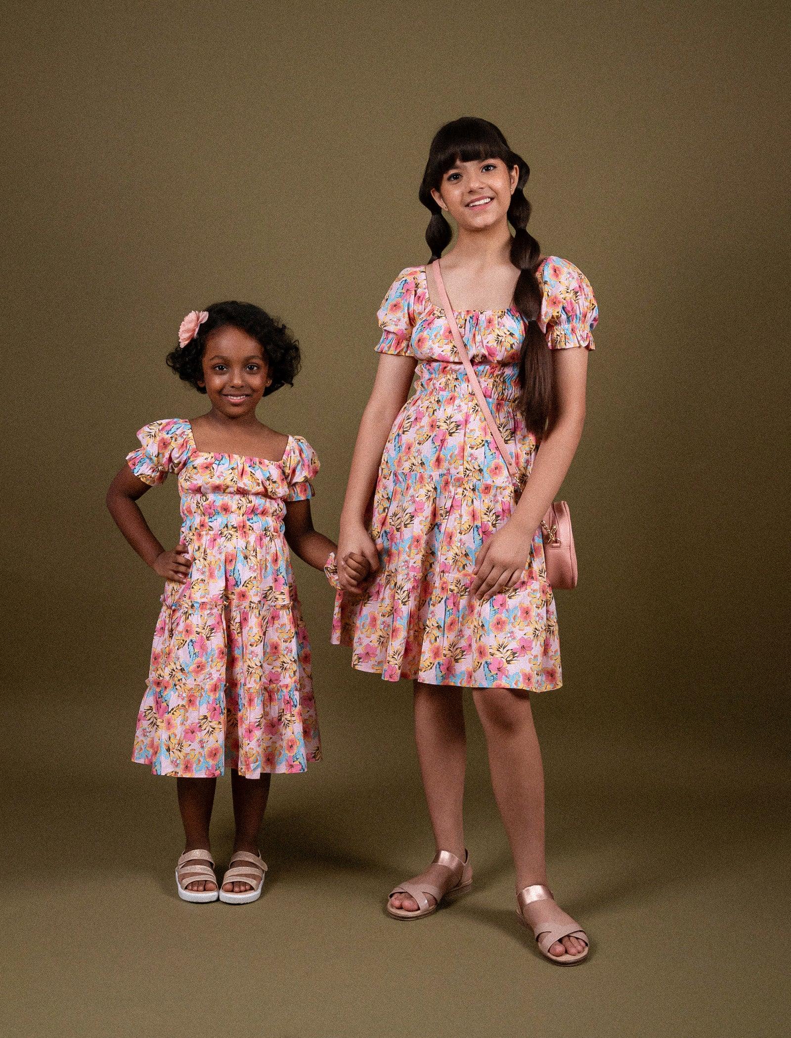 Classic Smocked Girls Kids Floral Dress with Puffed Sleeves (Peach) - Tweeny Mini