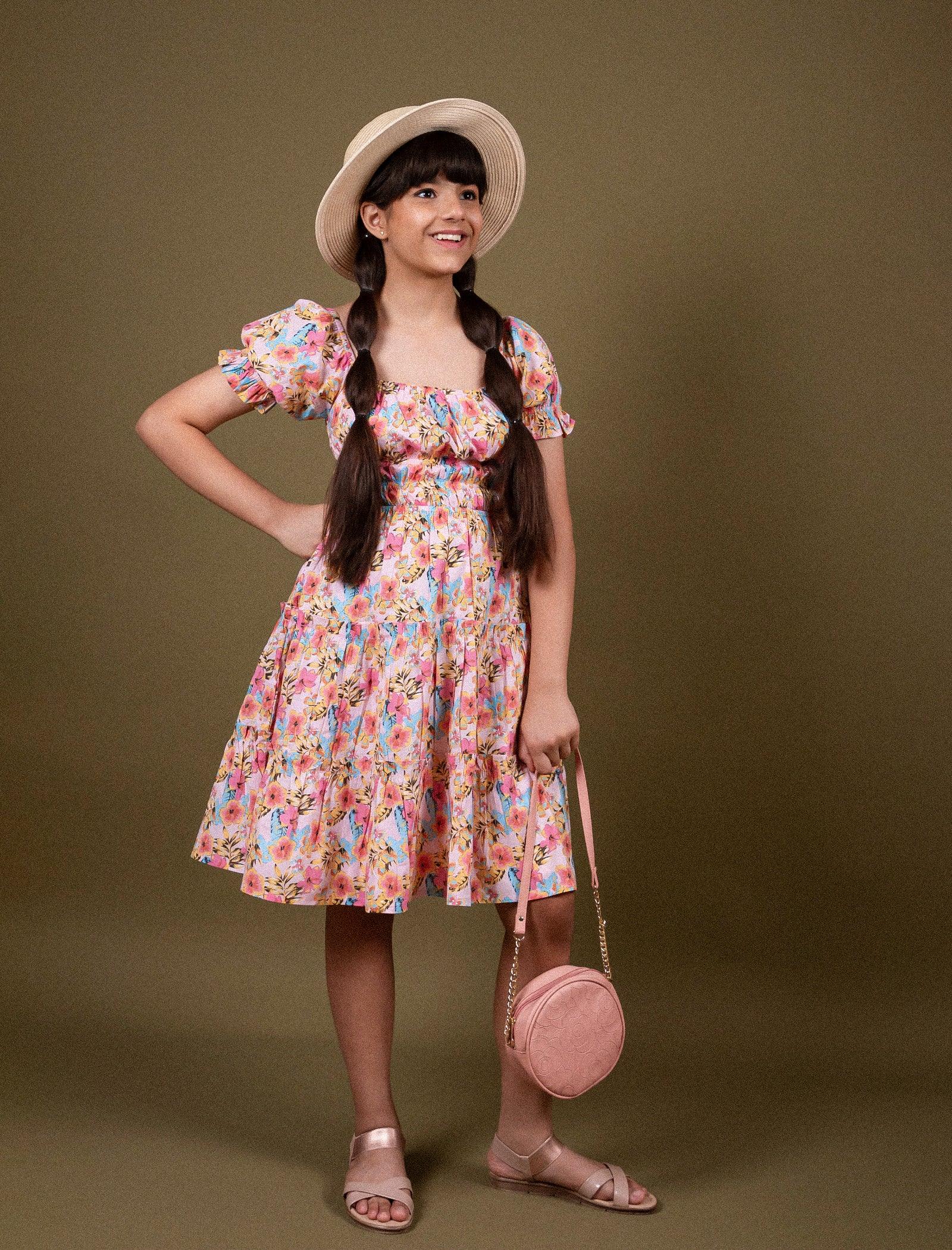 Classic Smocked Girls Kids Floral Dress with Puffed Sleeves (Peach) - Tweeny Mini