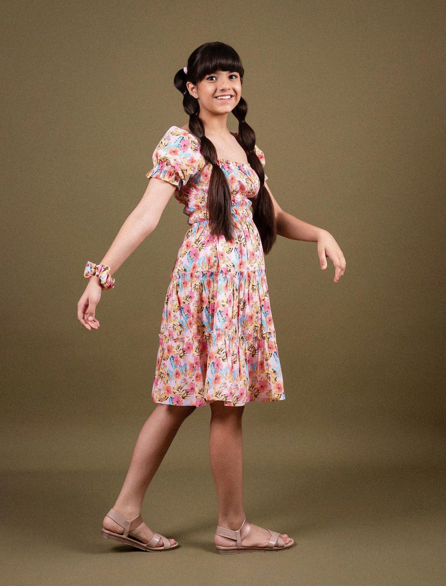 Classic Smocked Girls Kids Floral Dress with Puffed Sleeves (Peach) - Tweeny Mini