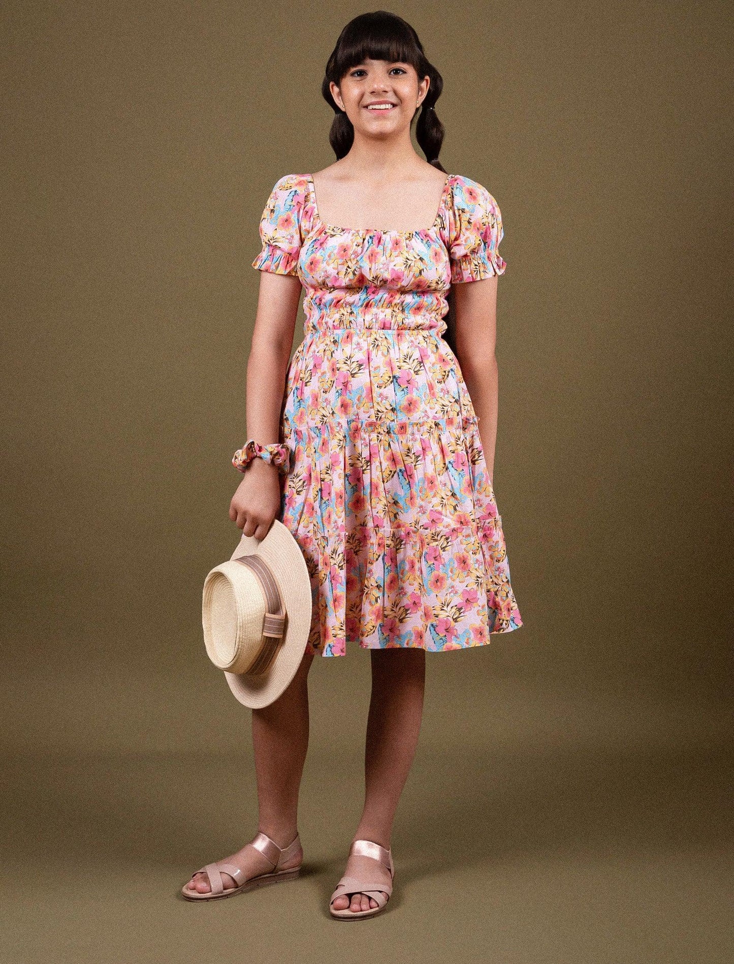 Classic Smocked Girls Kids Floral Dress with Puffed Sleeves (Peach) - Tweeny Mini