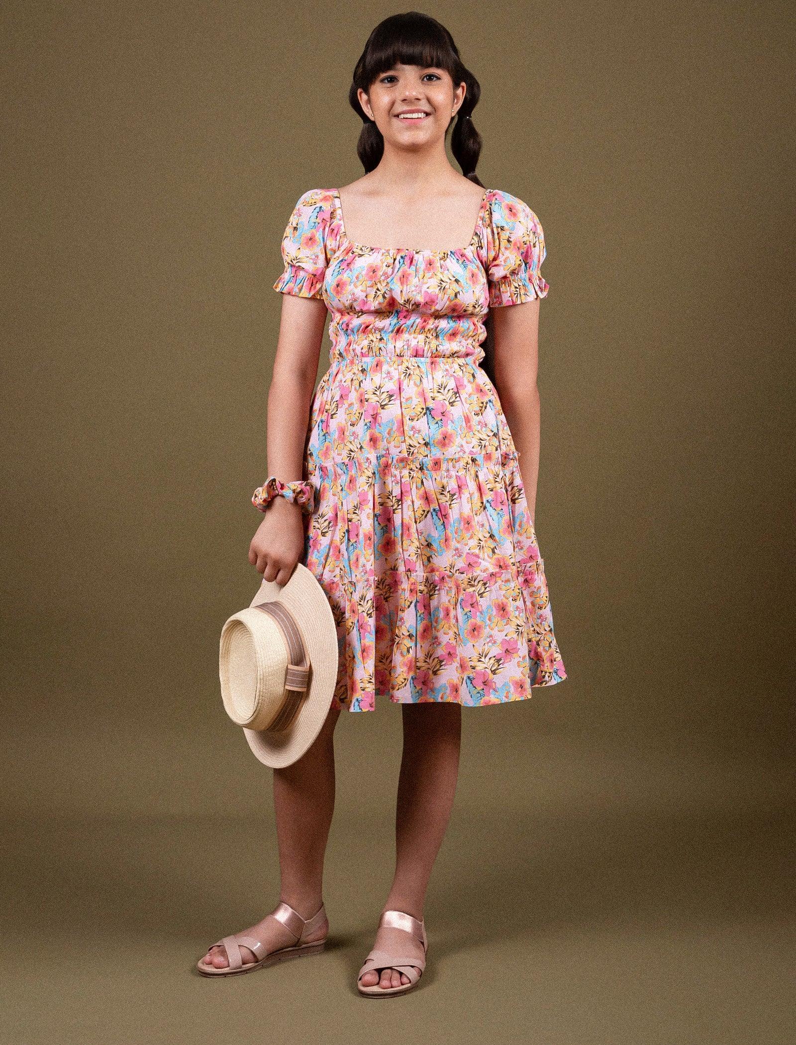 Classic Smocked Girls Kids Floral Dress with Puffed Sleeves (Peach) - Tweeny Mini