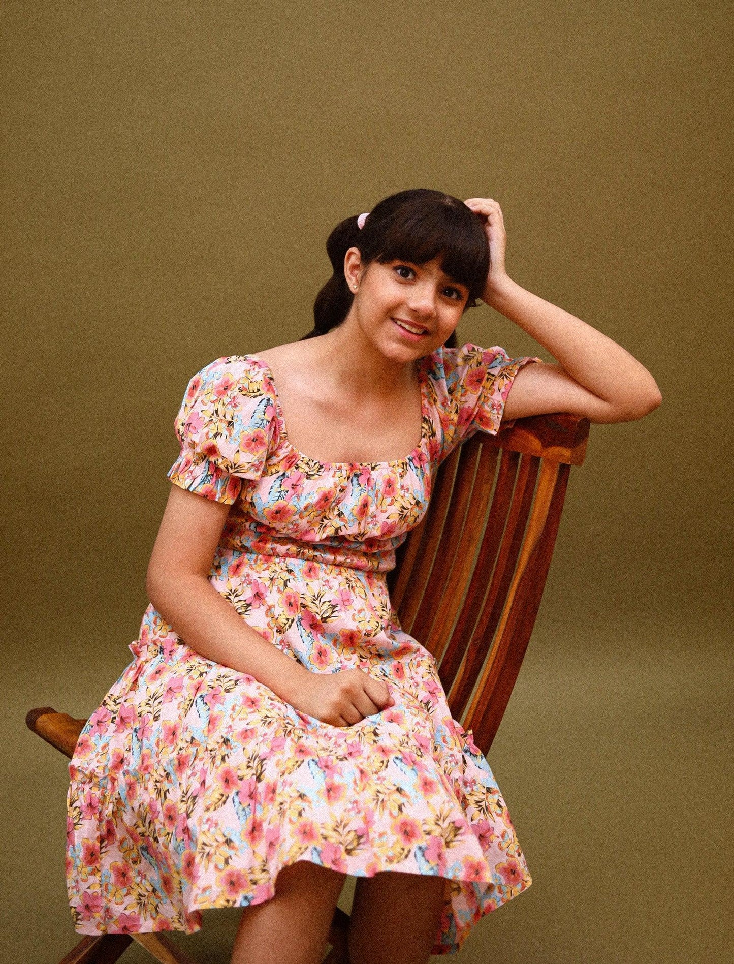 Classic Smocked Girls Kids Floral Dress with Puffed Sleeves (Peach) - Tweeny Mini