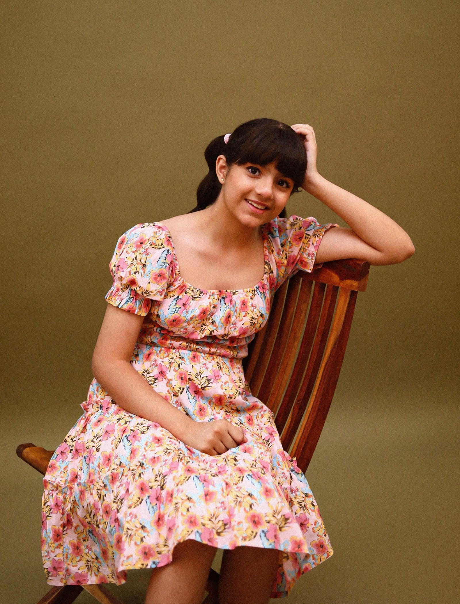 Classic Smocked Girls Kids Floral Dress with Puffed Sleeves (Peach) - Tweeny Mini