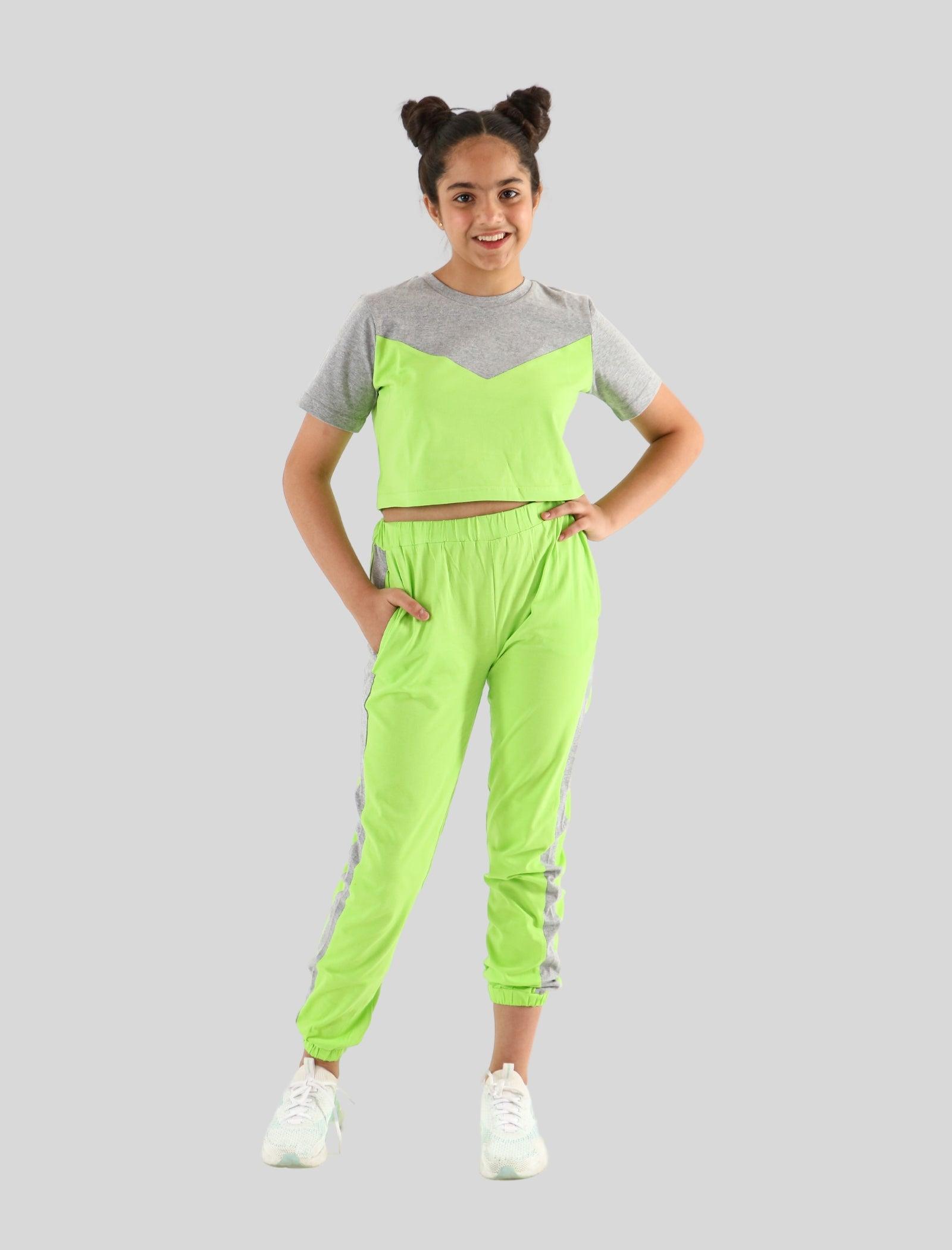 Colour Block Girls Kids Joggers Set With Crop Top (Lime Green) - Tweeny Mini