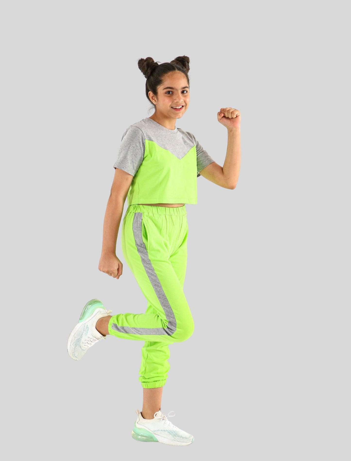 Colour Block Girls Kids Joggers Set With Crop Top (Lime Green) - Tweeny Mini