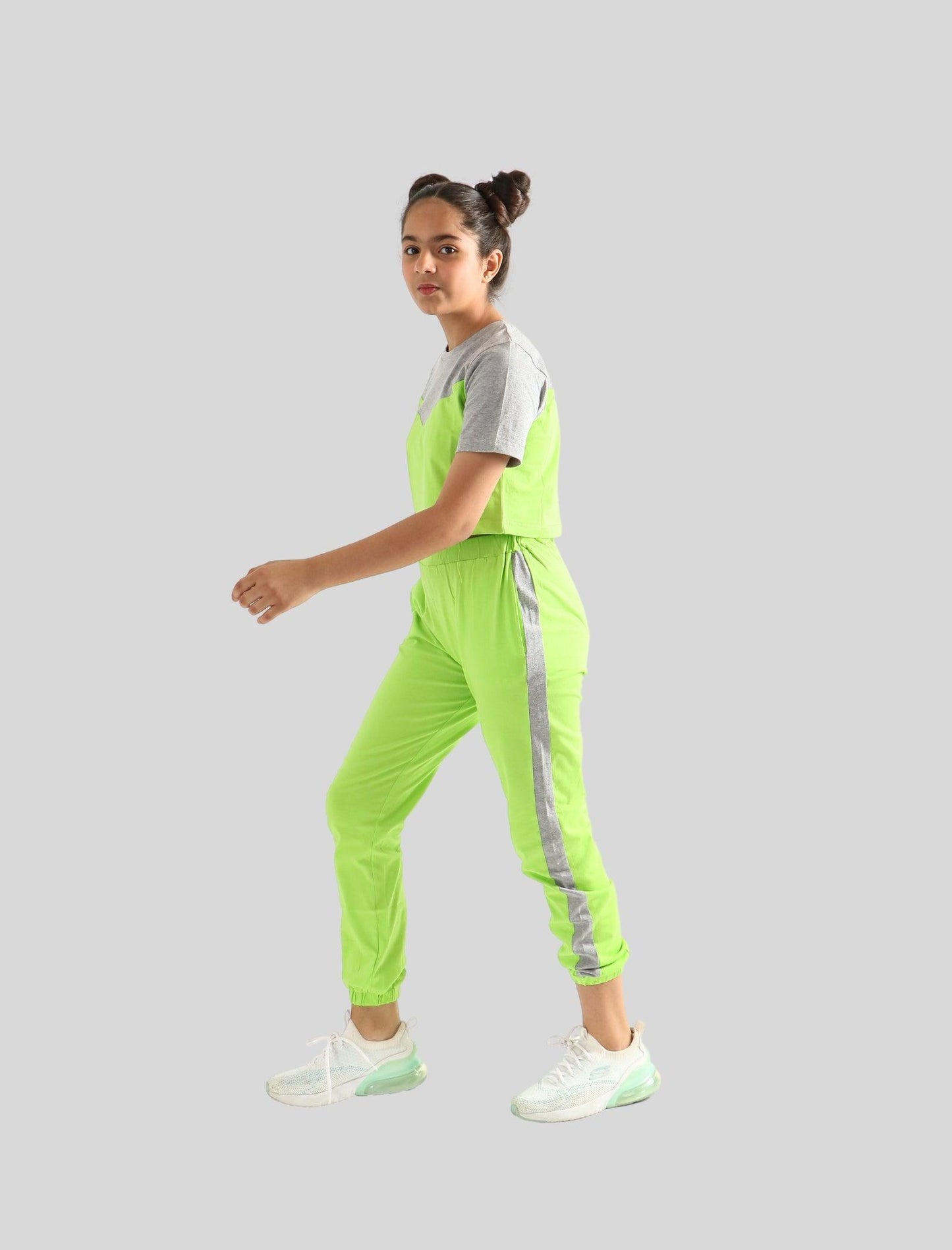 Colour Block Girls Kids Joggers Set With Crop Top (Lime Green) - Tweeny Mini