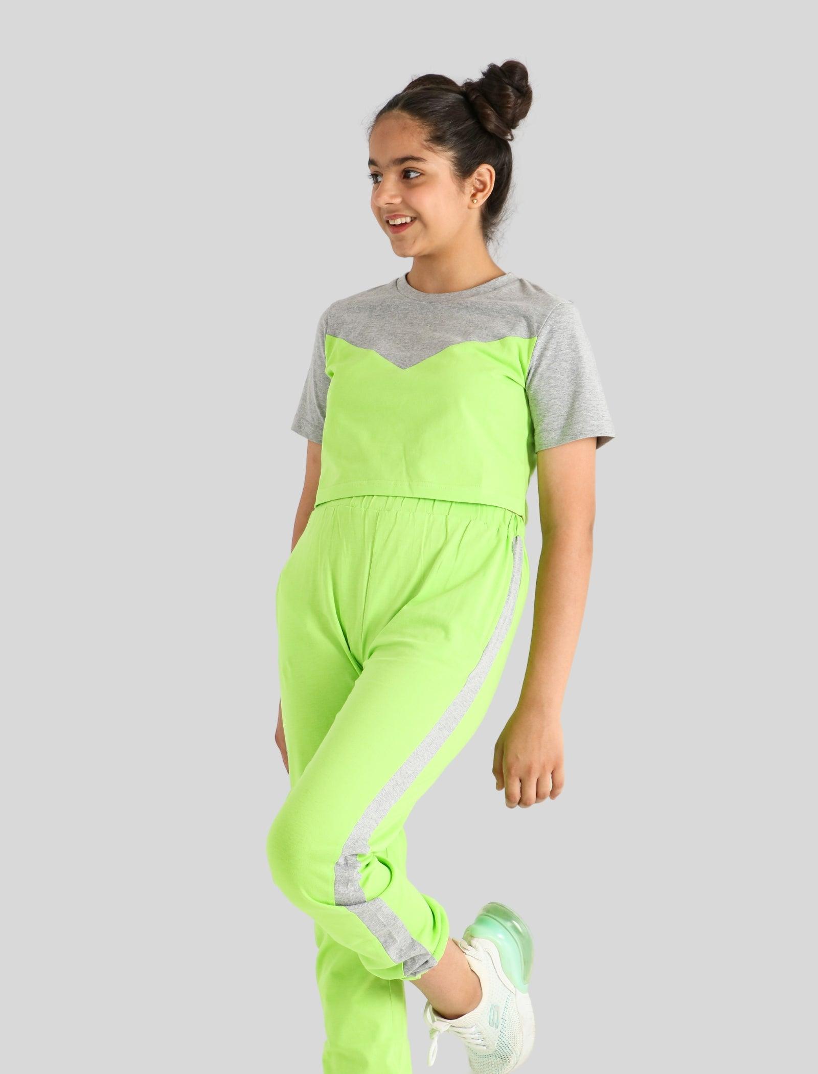Colour Block Girls Kids Joggers Set With Crop Top (Lime Green) - Tweeny Mini