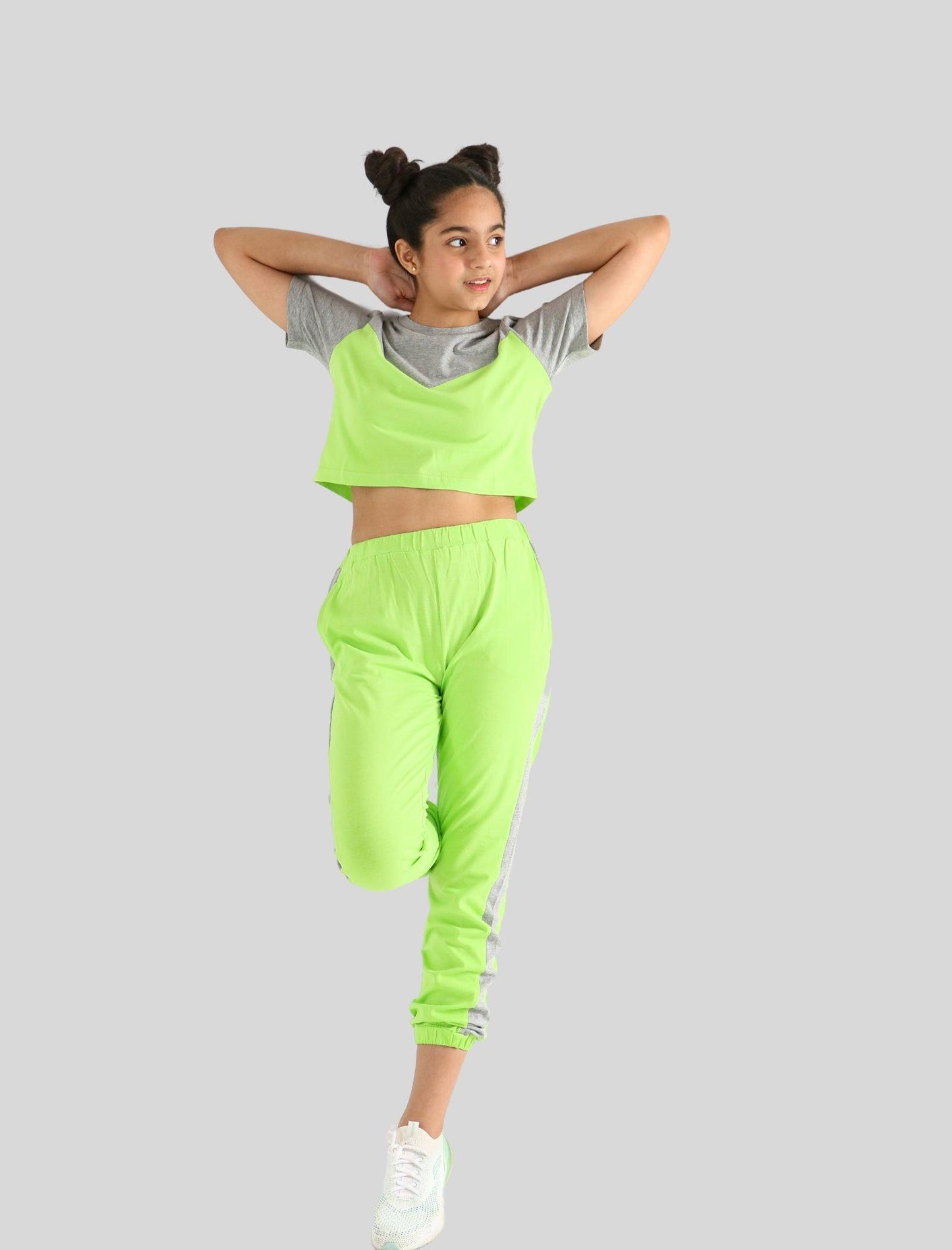 Colour Block Girls Kids Joggers Set With Crop Top (Lime Green) - Tweeny Mini