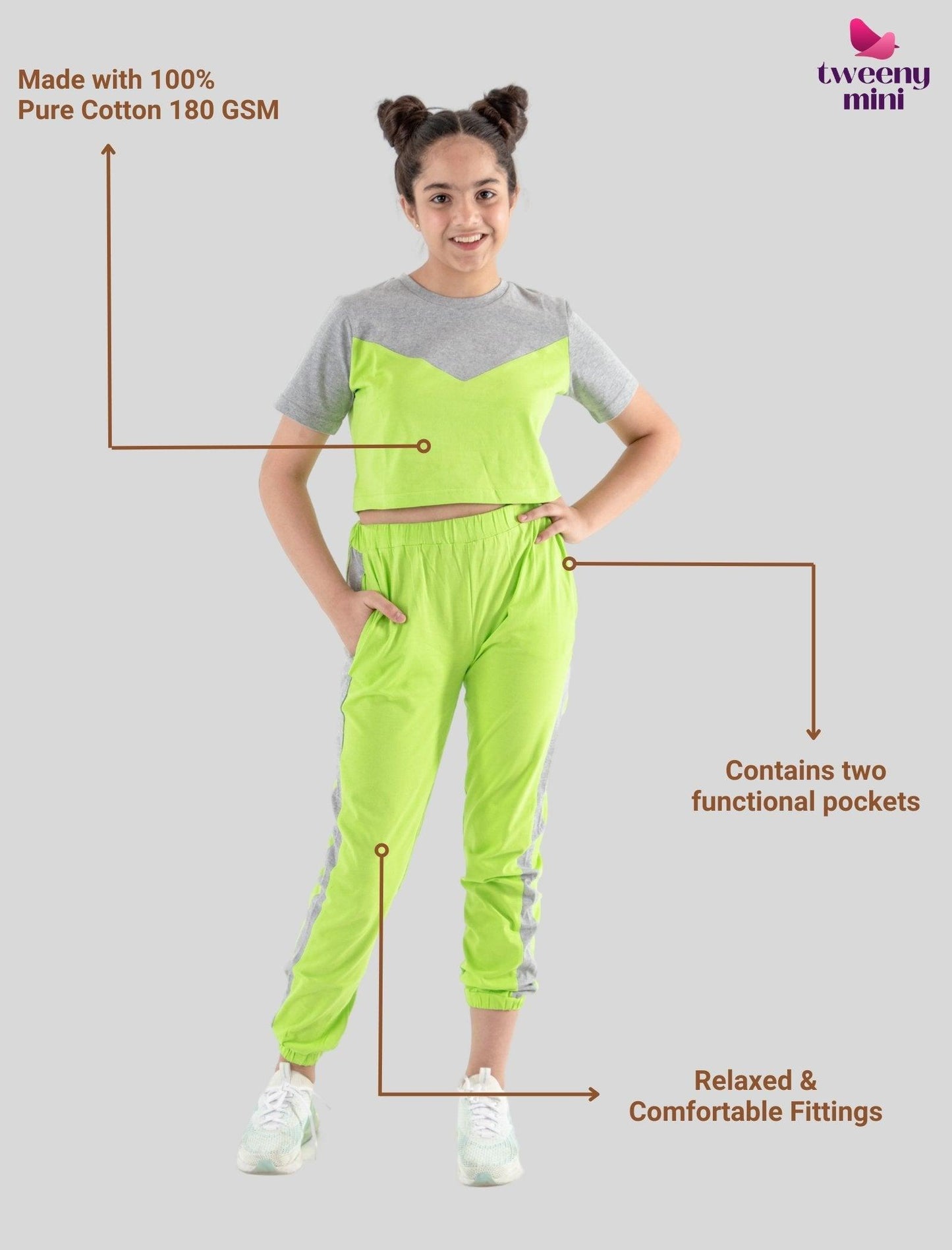 Colour Block Girls Kids Joggers Set With Crop Top (Lime Green) - Tweeny Mini