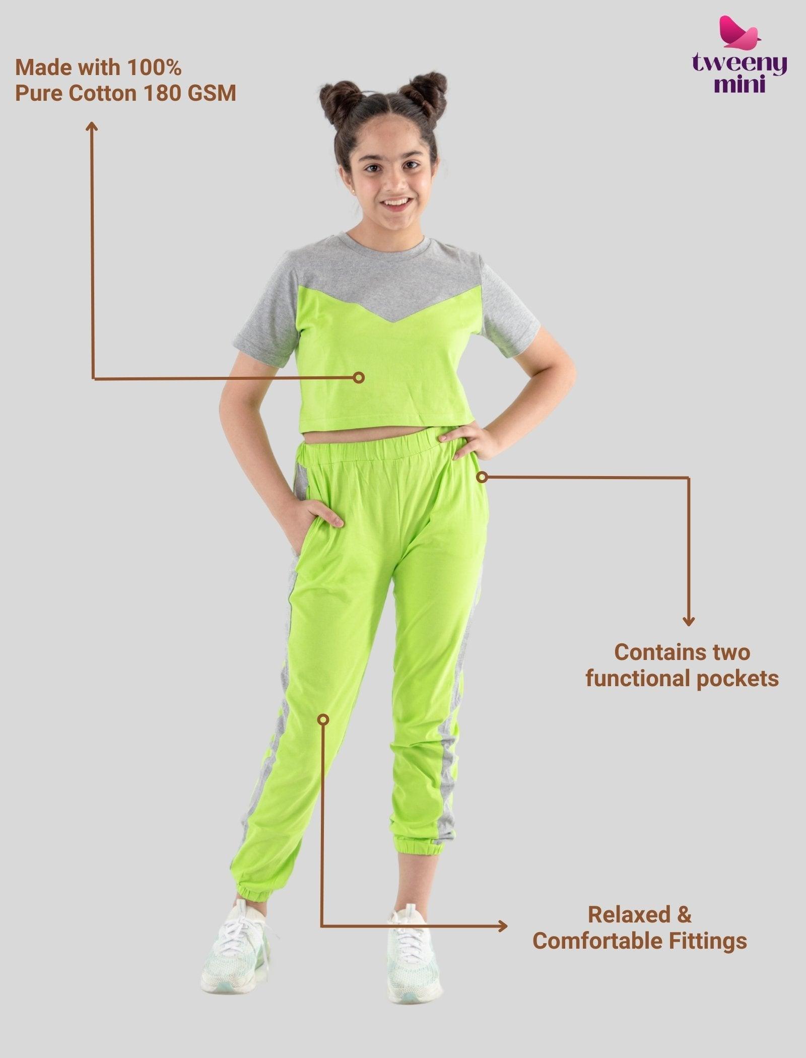 Colour Block Girls Kids Joggers Set With Crop Top (Lime Green) - Tweeny Mini