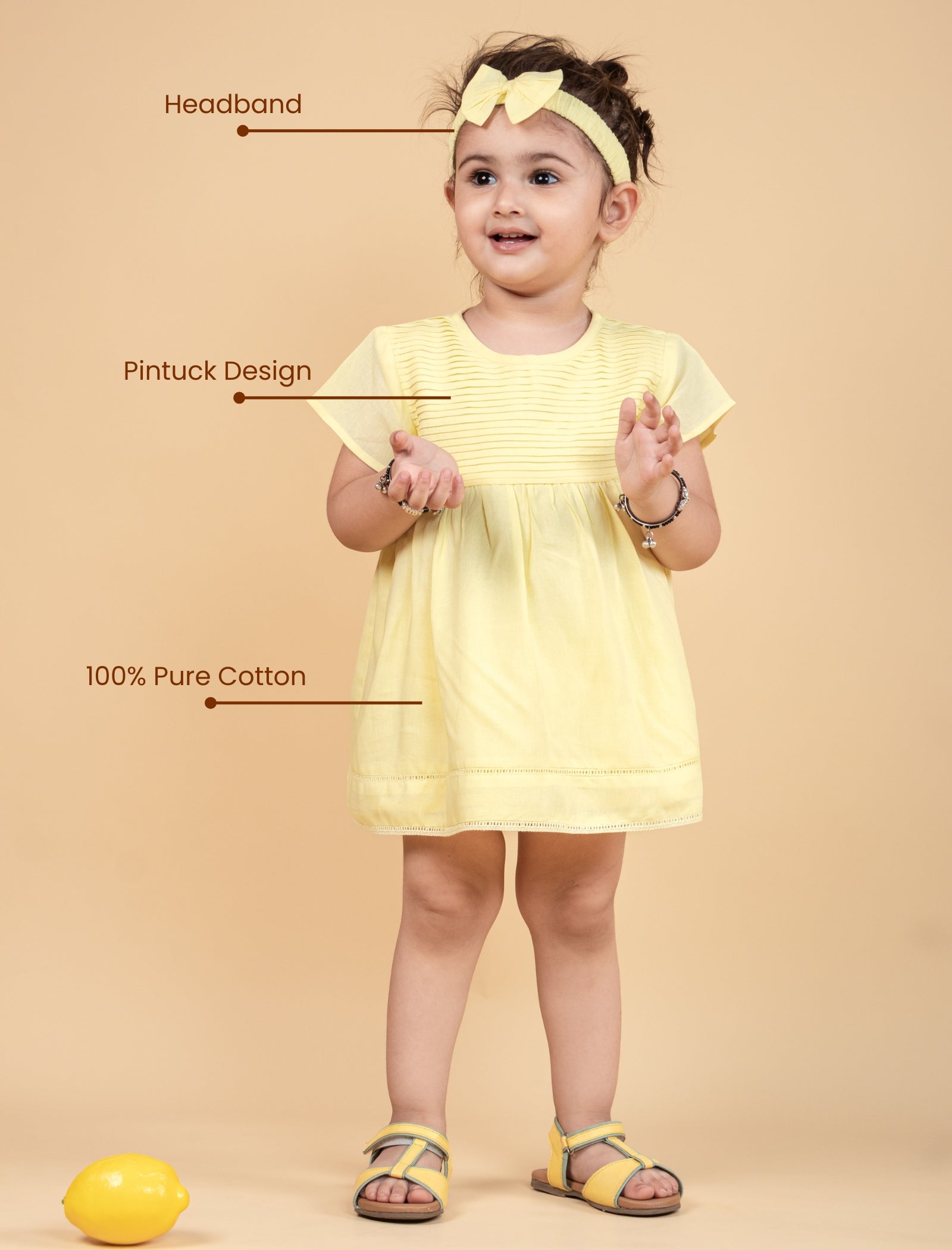 Newborn Baby Summer Frock for Infant Girls with Headband and Bloomer (Lemon Yellow) - Tweeny Mini