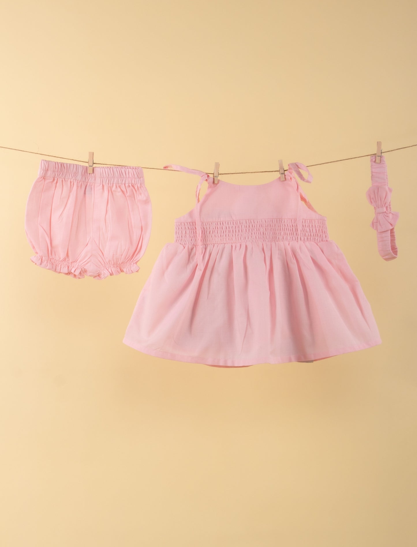 Newborn Baby Girl Frock with Matching Headband and Bloomer Set (Baby Pink) - Tweeny Mini