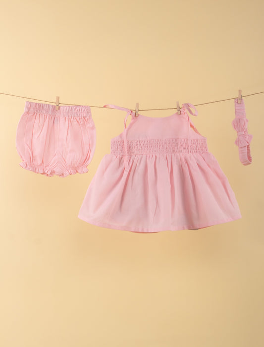 Newborn Baby Girl Frock with Matching Headband and Bloomer Set (Baby Pink) - Tweeny Mini