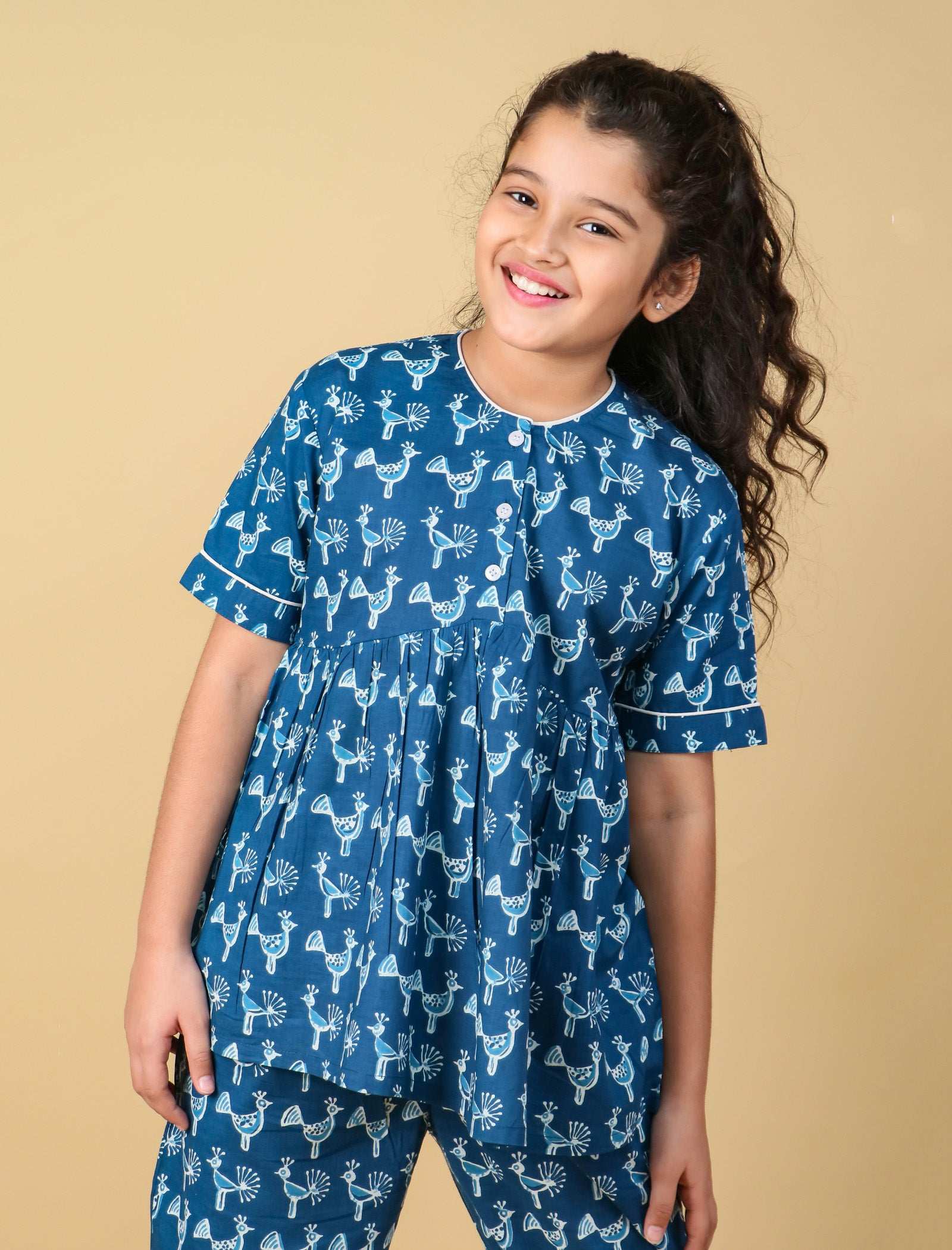 Peacock Print Night Suit for Kids Girls (Indigo Blue) - Tweeny Mini