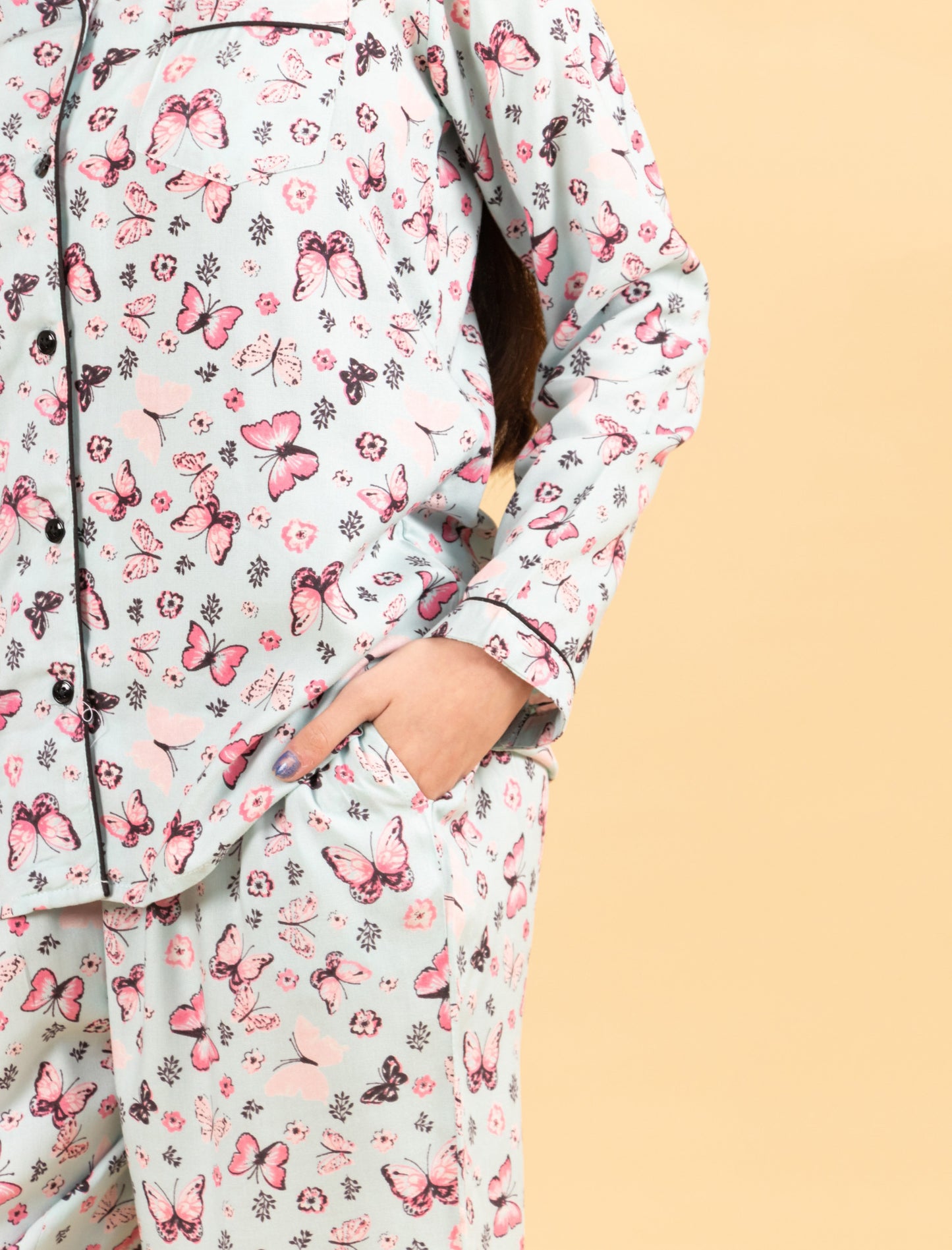 Pure Rayon Butterfly Printed Nightwear for Girls Kids (Full Sleeves, Blue) - Tweeny Mini