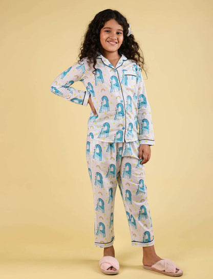 Giffy Love Pure Cotton Nightdress for Girls Kids (Full Sleeves, Blue) - Tweeny Mini