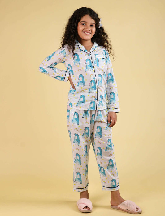 Giffy Love Pure Cotton Nightdress for Girls Kids (Full Sleeves, Blue) - Tweeny Mini