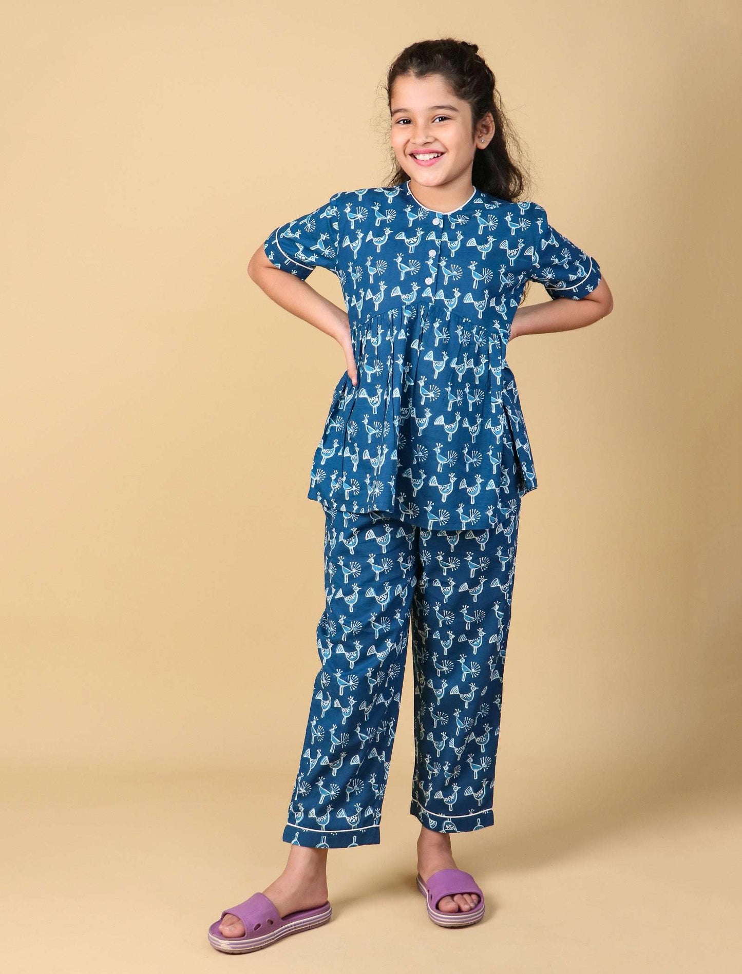 Peacock Print Night Suit for Kids Girls (Indigo Blue) - Tweeny Mini