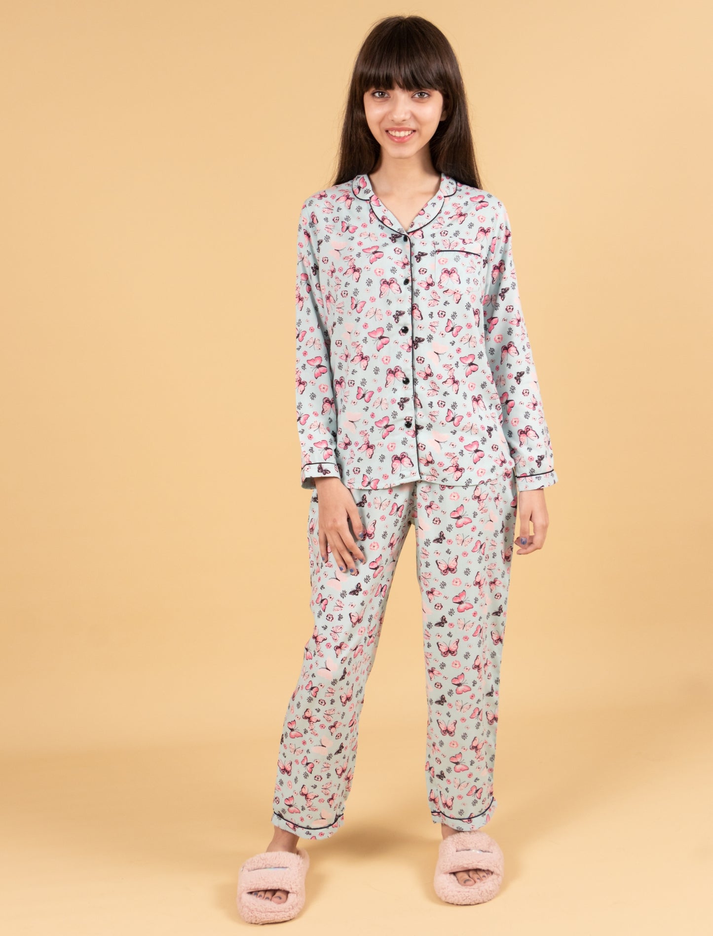 Pure Rayon Butterfly Printed Nightwear for Girls Kids (Full Sleeves, Blue) - Tweeny Mini