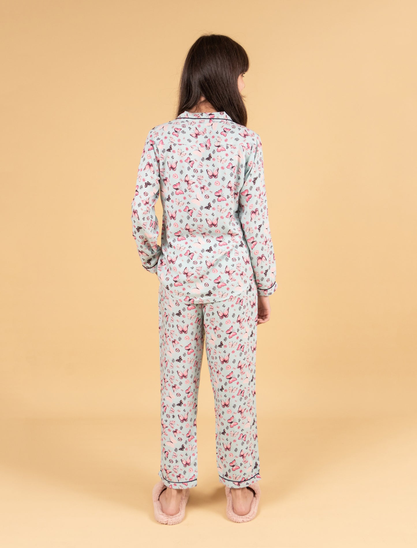 Pure Rayon Butterfly Printed Nightwear for Girls Kids (Full Sleeves, Blue) - Tweeny Mini