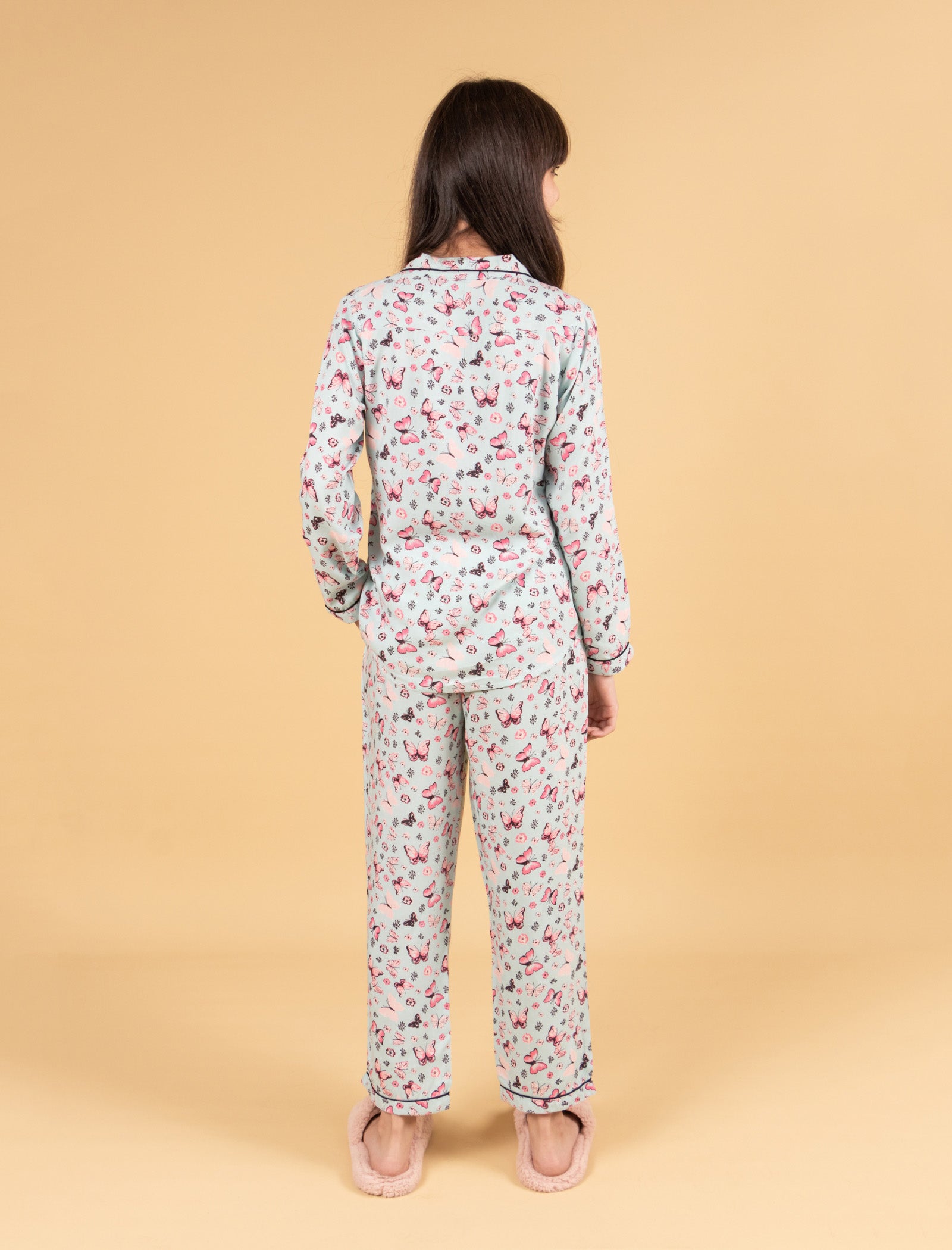 Pure Rayon Butterfly Printed Nightwear for Girls Kids (Full Sleeves, Blue) - Tweeny Mini