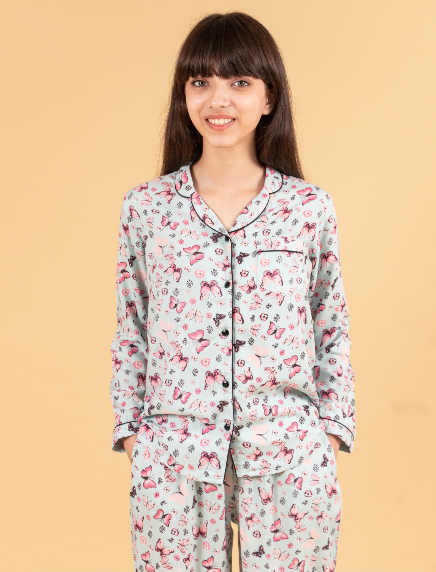 Pure Rayon Butterfly Printed Nightwear for Girls Kids (Full Sleeves, Blue) - Tweeny Mini