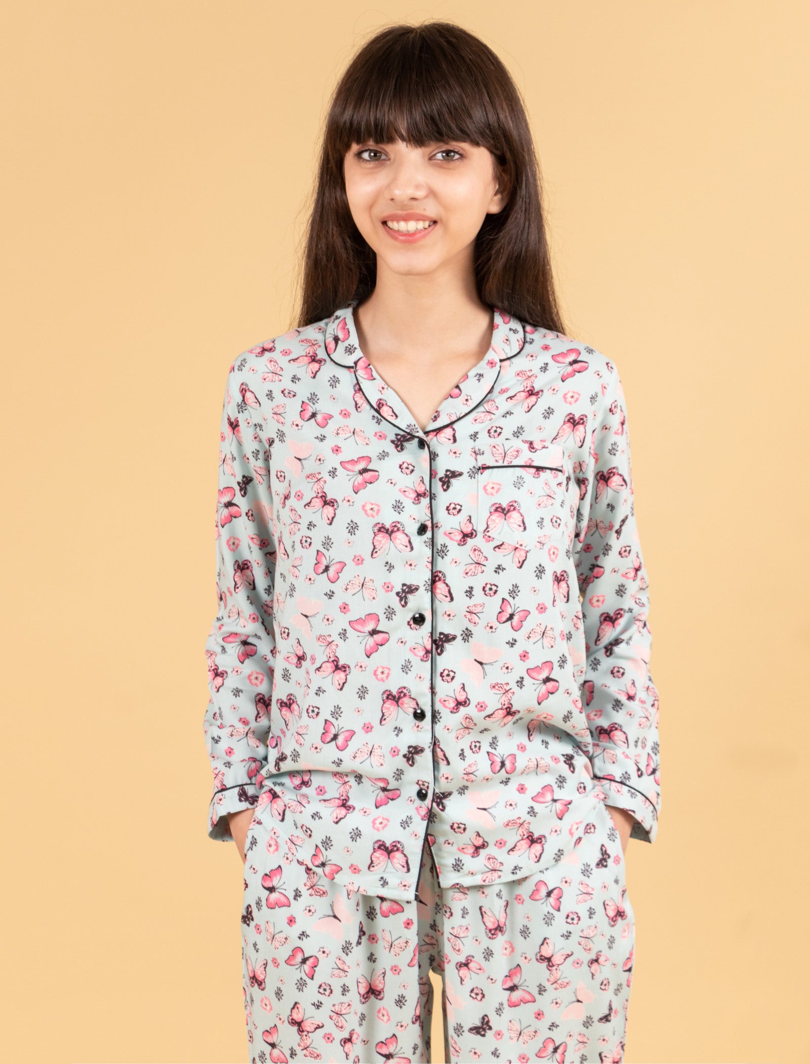 Pure Rayon Butterfly Printed Nightwear for Girls Kids (Full Sleeves, Blue) - Tweeny Mini