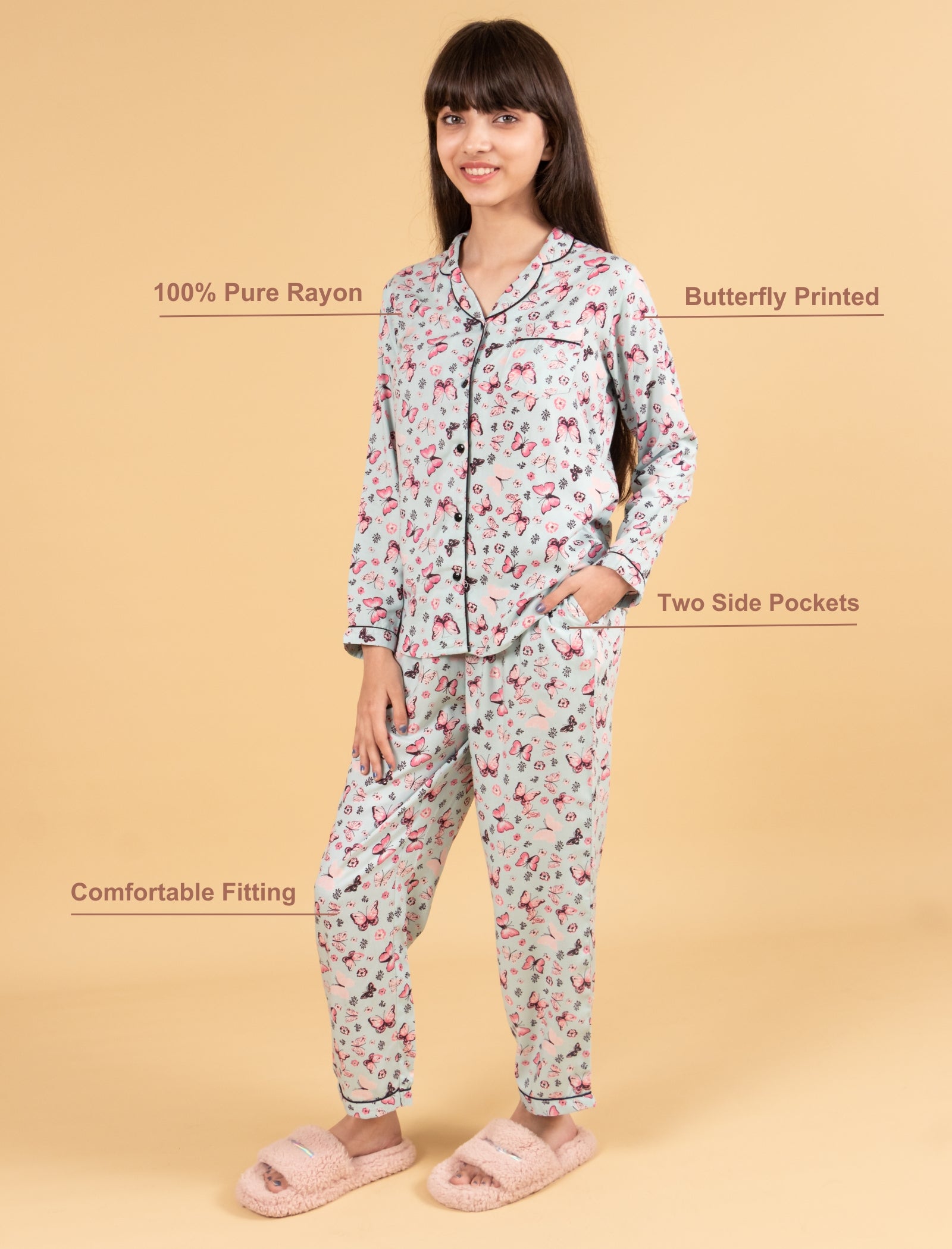 Pure Rayon Butterfly Printed Nightwear for Girls Kids (Full Sleeves, Blue) - Tweeny Mini