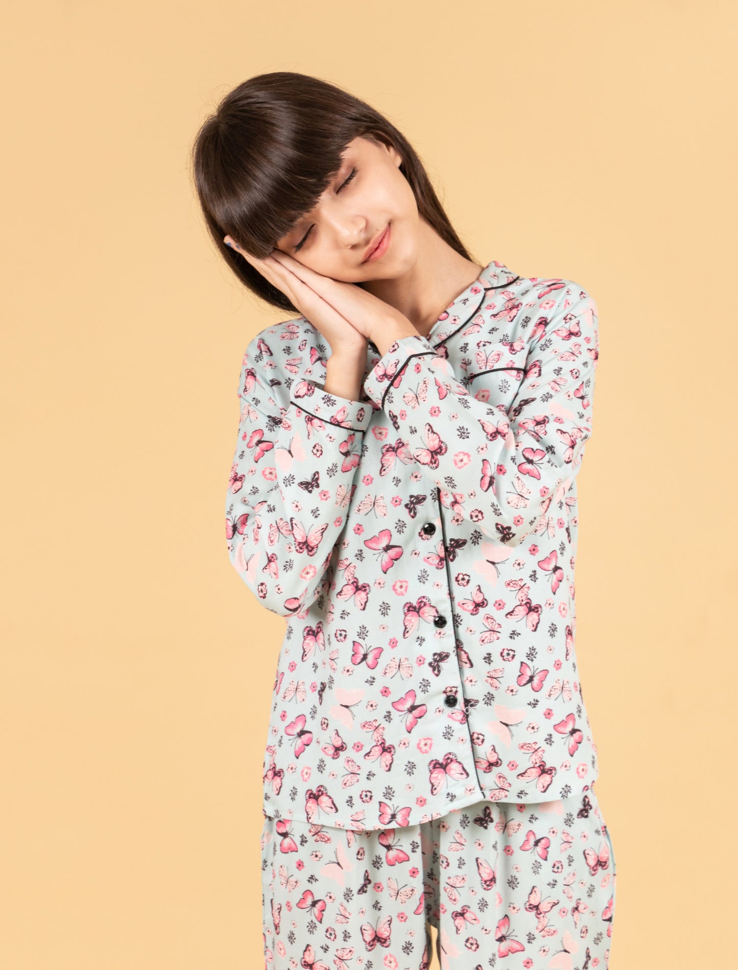 Pure Rayon Butterfly Printed Nightwear for Girls Kids (Full Sleeves, Blue) - Tweeny Mini