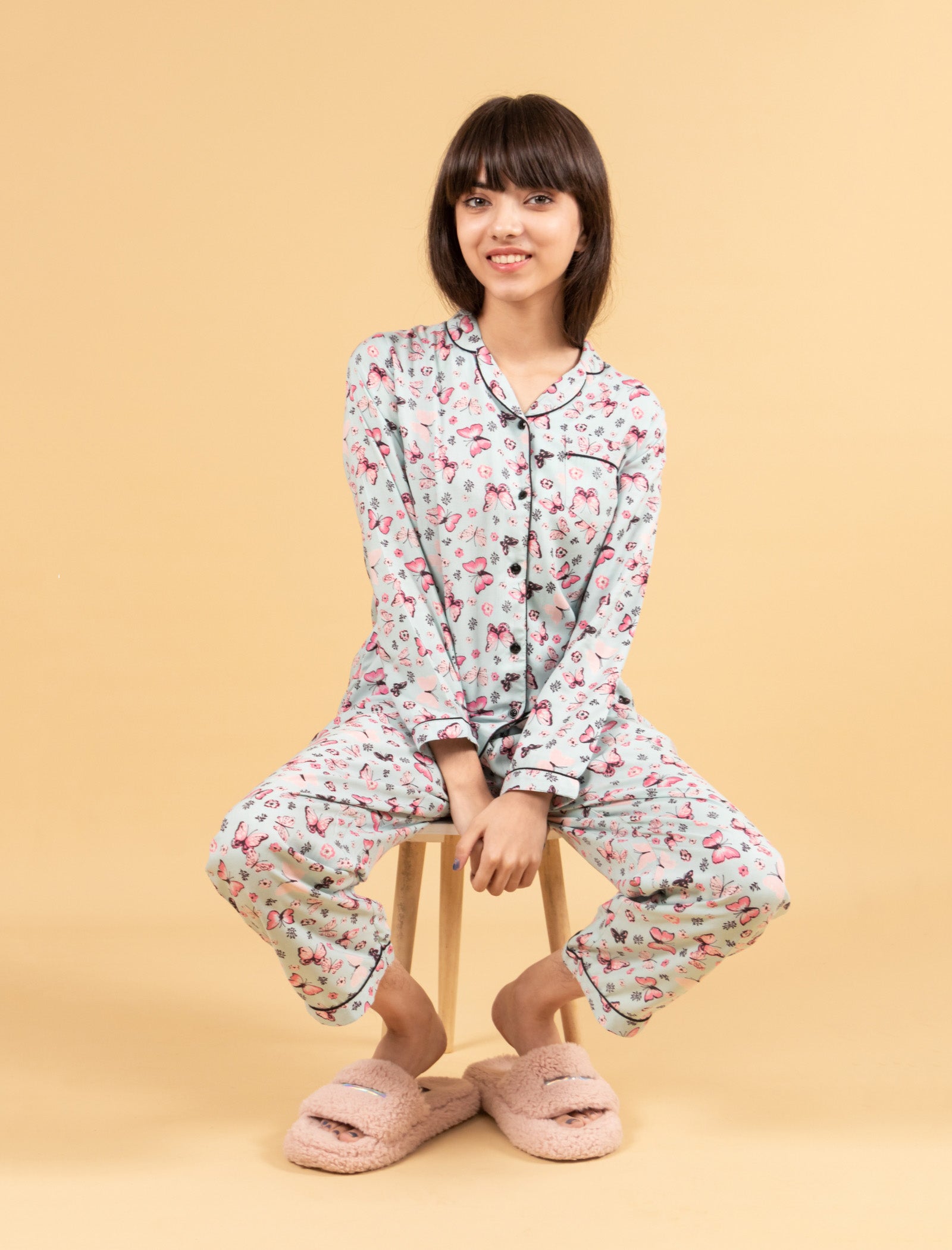 Pure Rayon Butterfly Printed Nightwear for Girls Kids (Full Sleeves, Blue) - Tweeny Mini