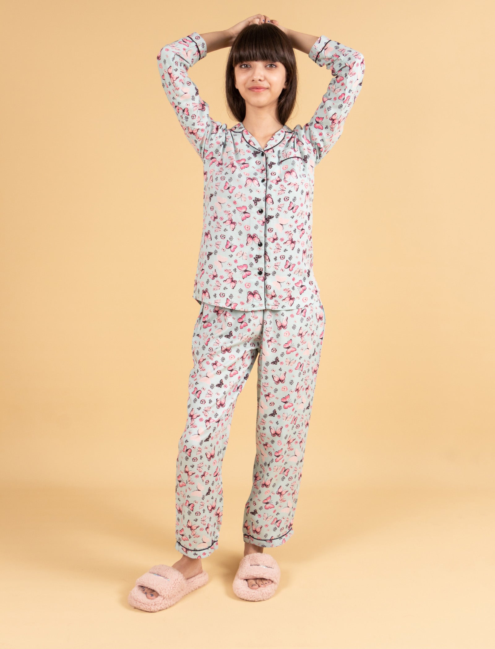 Pure Rayon Butterfly Printed Nightwear for Girls Kids (Full Sleeves, Blue) - Tweeny Mini