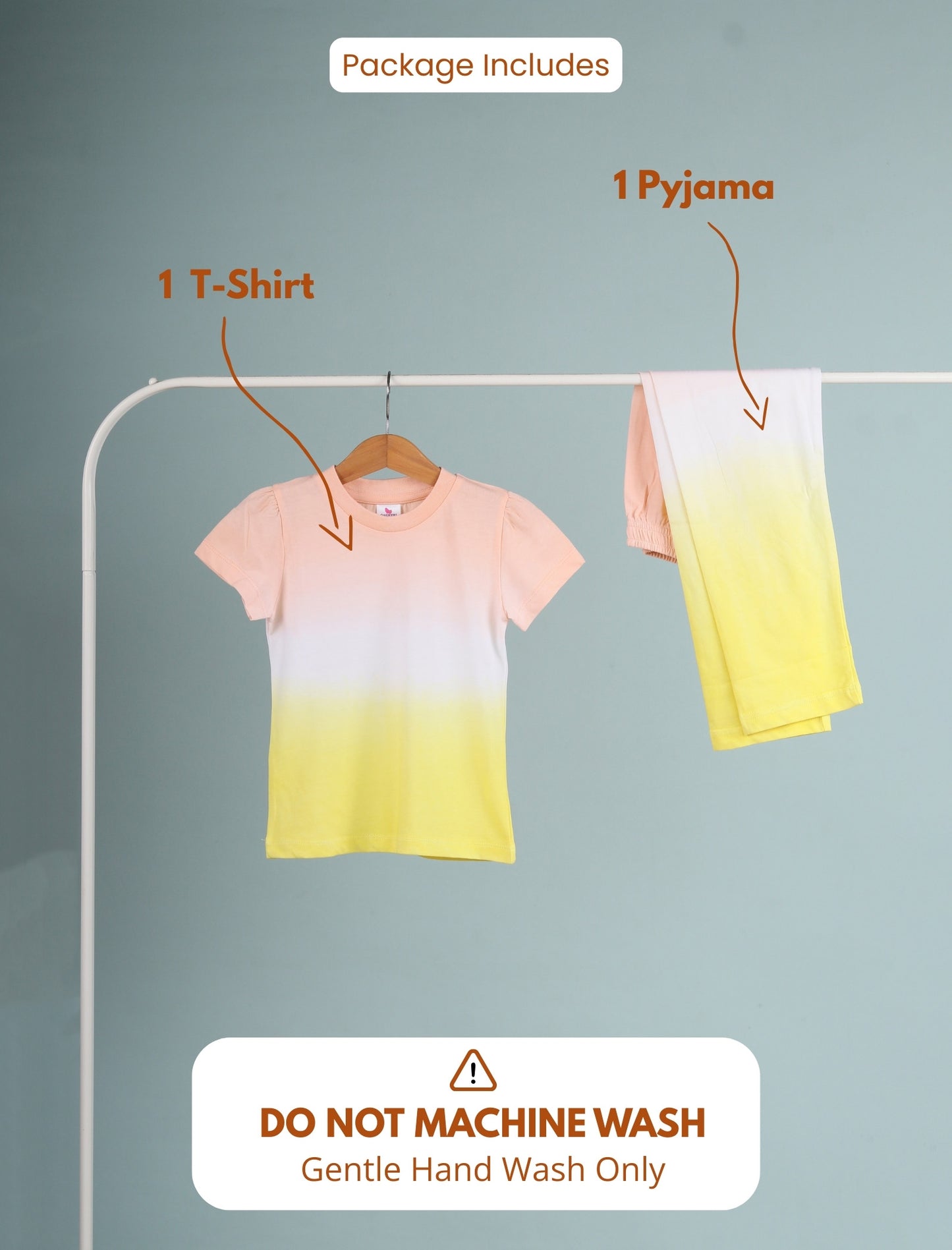 Gradient t-shirt and pyjama on a rack with washing instructions.