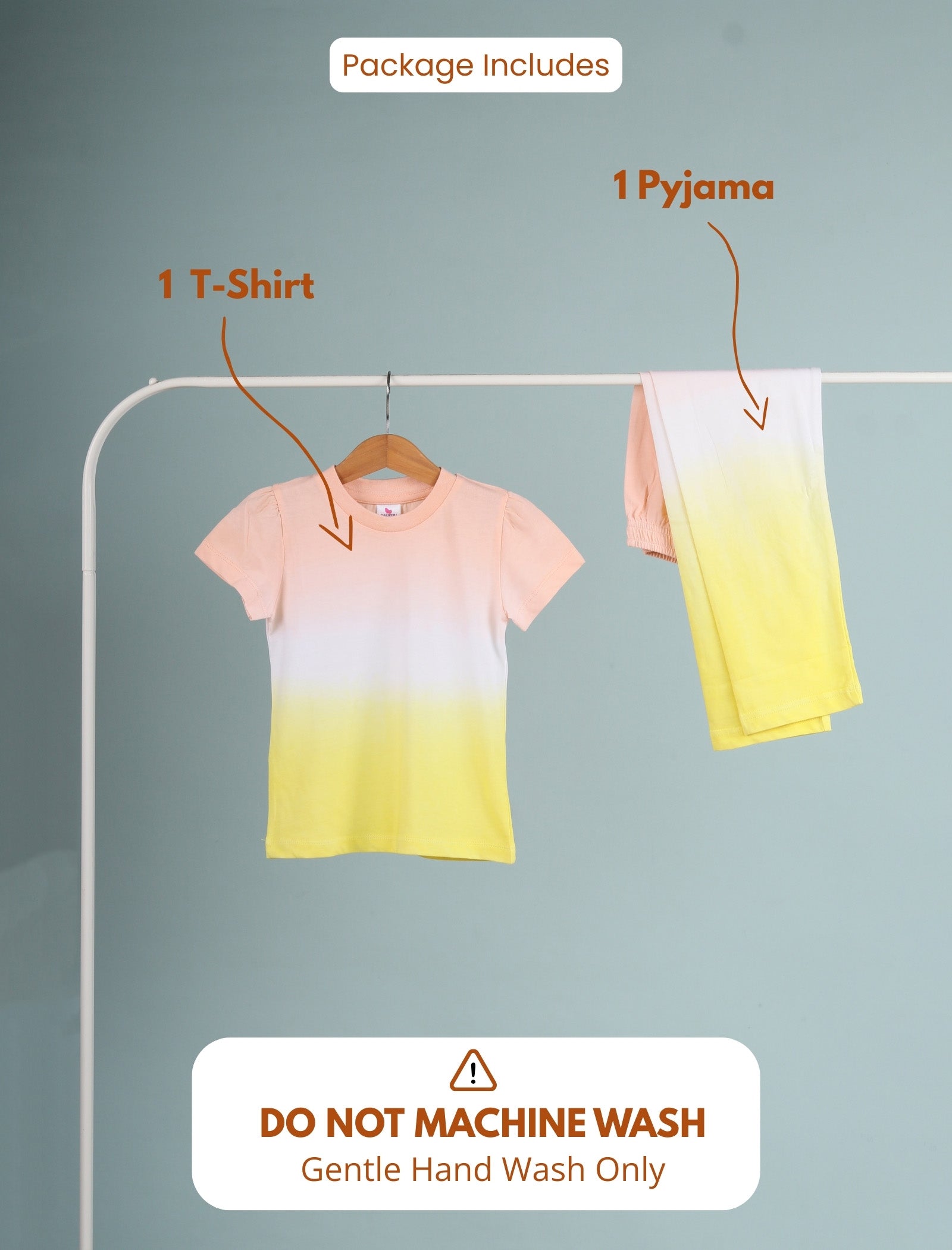 Gradient t-shirt and pyjama on a rack with washing instructions.