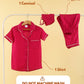 Red girls clothing set with shirt, camisole, and pyjama on a hanger against a beige background.