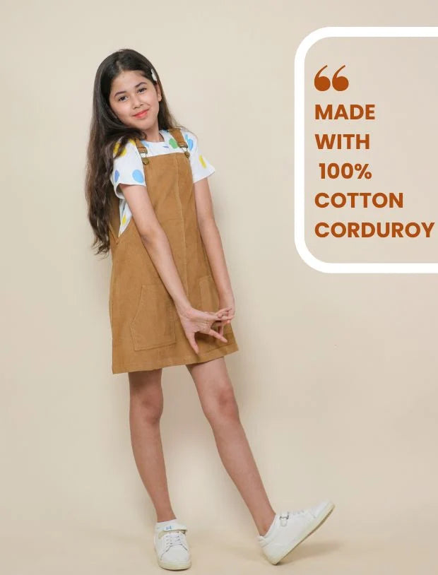 Pinafore Dress with Half Sleeve T-Shirt (Beige)-Tweeny Mini