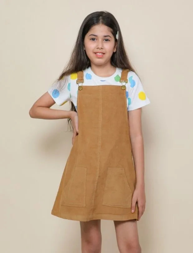 Pinafore Dress with Half Sleeve T-Shirt (Beige)-Tweeny Mini