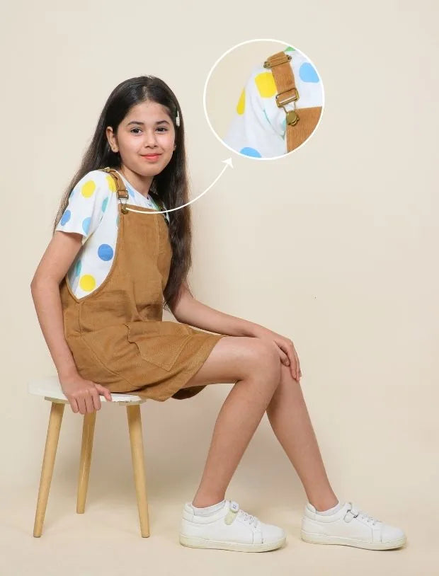 Pinafore Dress with Half Sleeve T-Shirt (Beige)-Tweeny Mini